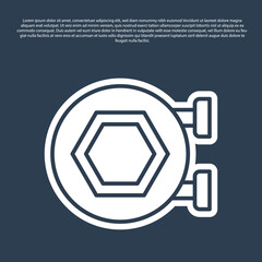 Obraz premium Blue line Hanging sign with honeycomb isolated on blue background. Signboard icon. Honey cells symbol. Sweet natural food. Vector