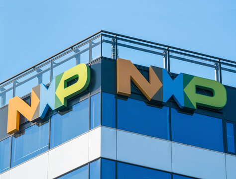 Bucharest, Romania - 01.01.2021: New NXP Semiconductors office buiding in BUcharest. NXP Semiconductors N.V. is a Dutch-American semiconductor manufacturer