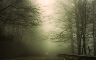 Foggy road in the mountain with car lights in a distance © Mila