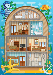 Underwater home. Interior. Vector illustration.