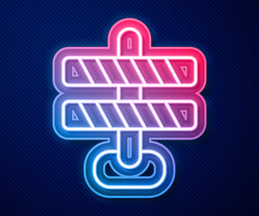 Glowing neon line Road barrier icon isolated on blue background. Symbol of restricted area which are in under construction processes. Repair works. Vector