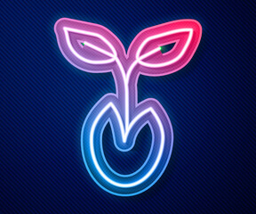 Glowing neon line Sprout icon isolated on blue background. Seed and seedling. Leaves sign. Leaf nature. Vector