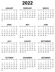 Fototapeta Simple editable vector calendar for year 2022 mondays first, sundays on black, easy to edit and use obraz