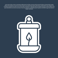 Blue line Ramadan Kareem lantern icon isolated on blue background. Vector