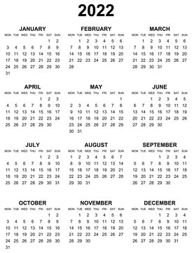 Simple editable vector calendar for year 2022 mondays first, sundays on black, easy to edit and use