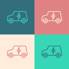 Pop art line Electric car and electrical cable plug charging icon isolated on color background. Renewable eco technologies. Vector