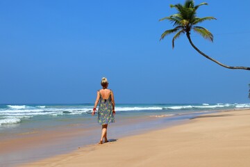 pretty girl on a dream beach with palm trees - Sri Lanka, Asia