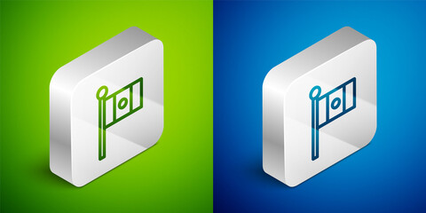 Isometric line Mexico flag on flagpole icon isolated on green and blue background. Silver square button. Vector