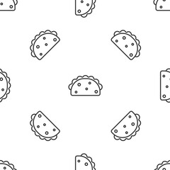 Grey line Taco with tortilla icon isolated seamless pattern on white background. Traditional mexican fast food menu. Vector