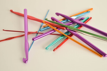 colorful metal crochet hooks close up
