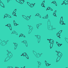Black line Electric jigsaw with steel sharp blade icon isolated seamless pattern on green background. Power tool for woodwork. Vector