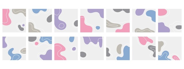 Set of fourteen abstract isolated backgrounds. Hand drawn various shapes and doodle objects. Modern contemporary trendy vector illustration. Delicate pastel colors. Stock illustration. Copy space