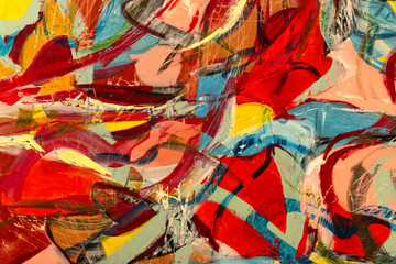 Abstract painting fragment with vibrant colors, strong shapes and brushstrokes textures. Artistic unique painting.