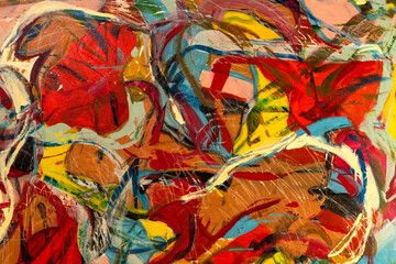 Abstract painting fragment with vibrant colors, strong shapes and brushstrokes textures. Artistic unique painting.