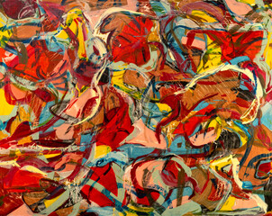 Fototapeta na wymiar Abstract painting with vibrant colors, strong shapes and brushstrokes textures. Artistic unique painting.