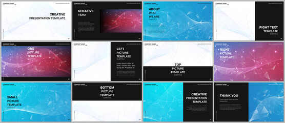 Presentation design vector templates, multipurpose template for presentation slide, flyer, brochure cover design, infographic report. Polygonal science background with connecting dots and lines.