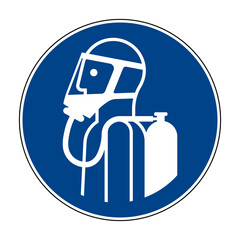 Use self-contained breathing appliance sign. Vector illustration of circular blue mandatory sign with man wearing breathing apparatus. Harmful gases and lack of oxygen symbol. ISO 7010 - M047.