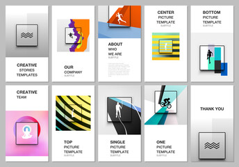 Fototapeta na wymiar Social networks stories design, vertical banner or flyer templates. Covers templates for flyer, leaflet, brochure, banner. Abstract sport backgrounds in unique style for sport event, fitness design.