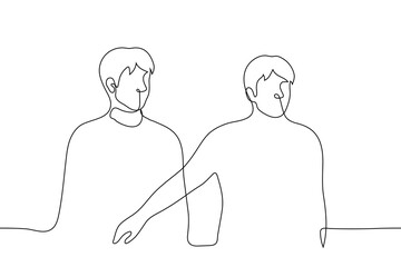 man put his hand in front of a man standing next to him - one line drawing. concept of restraining other people's emotions, call for self-control, friendly care, stopping from impulsive actions