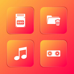 Set SSD card, Delete folder, Music note, tone and Stereo speaker icon. Vector