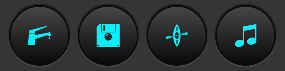 Set Water tap, Floppy disk, Kayak and paddle and Music note, tone icon. Vector