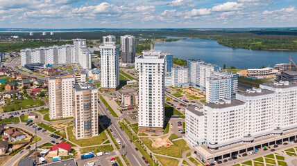 Urban landscape on the river bank in Minsk, Belarus. Aerial landscape.