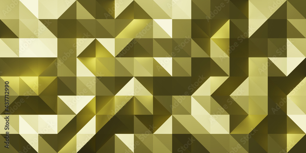 Poster Abstract geometric pattern background with large size triangles in gold color. Low poly random tiles texture. Modern crystal design. 3D Rendering.