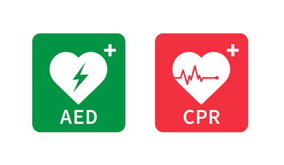 AED and CPR icon. Emergency defibrillator sign. Automated External Defibrillator. Hearts electricity. Vector illustration. - obrazy, fototapety, plakaty