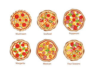 Pizza with Mushrooms, Seafood, Pepperoni and Margarita, Mexican and Four Seasons. Fast Food Icons. Street Junk Meal