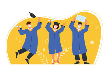 Young happy graduates with graduate caps. Happy students with diplomas.