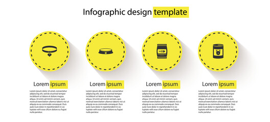 Set Collar and heart, Pet food bowl, Bag of for cat and Canned dog. Business infographic template. Vector