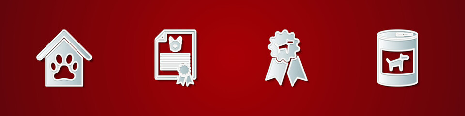 Set Dog house and paw print pet, Certificate for dog or cat, award symbol and Canned food icon. Vector