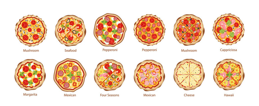 Set of Pizza Icons, Mushroom, Seafood, Pepperoni and Margarita, Mexican and Four Seasons. Cappriciosa, Cheese and Hawaii