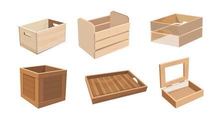 Set of Wooden Boxes, Wood Drawers and Crates for Freight Shipping. Cargo Distribution Packs. Parcels for Goods Packaging