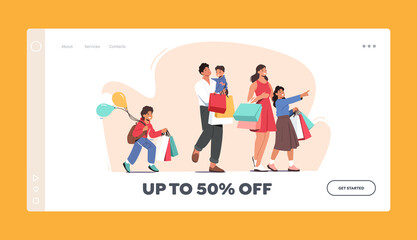 Happy Family Shopping Landing Page Template. Father, Mother and Little Kids Holding Paper Bags and Balloons Visit Shop