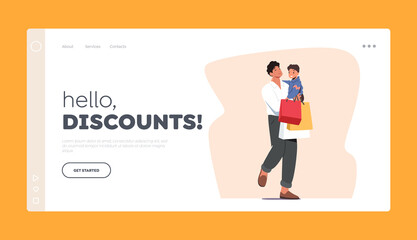 Family Weekend Shopping,Discount Landing Page Template. Young Father with Little Son on Hands Holding Bags