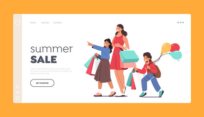 Summer Sale Landing Page Template. Family Shopping, Woman and Children Visit Store for Buying. Kids and Mother