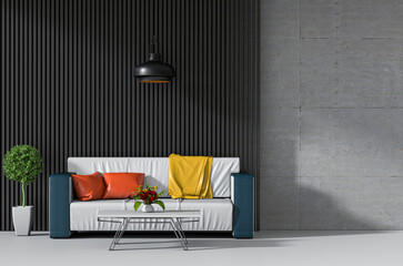 interior living room wall concrete with sofa, plant, lamp, 3D render
