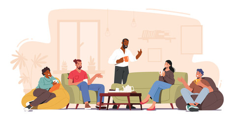 Group of Characters Celebrate Party at Home Sitting at Table in Living Room Eating Cookies, Drink Tea, Friends Leisure