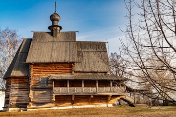 Old wooden St. Nicholas Church on the territory of the Suzdal Kremlin. The Church of St. Nikola in Suzdal. - obrazy, fototapety, plakaty