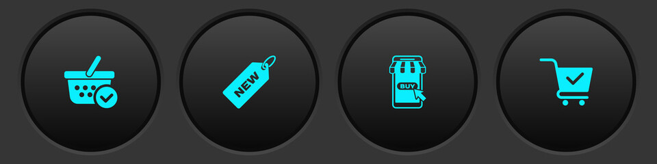 Set Shopping basket with check mark, Price tag New, Mobile and shopping cart and icon. Vector