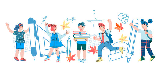Fototapeta premium Back to school background with hand drawn school children characters. Banner or flyer template with kids boys and girls characters, cartoon vector illustration isolated on white.