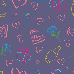 pattern of stylized hearts, gifts and vases on a purple background vector illustration,