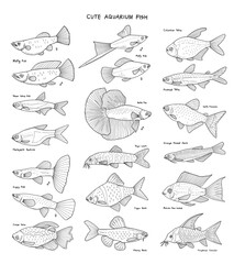hand drawn vector set of cute aquarium fish.