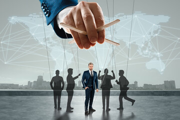 Male hand, puppeteer controls the crowd with threads, society. The concept of world conspiracy,...