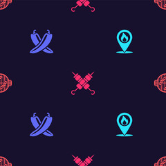Set Location with fire flame, Crossed hot chili pepper pod, Grilled shish kebab and Barbecue grill sausage on seamless pattern. Vector