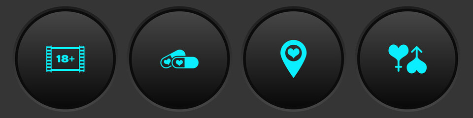 Set Play Video with 18 plus, Pills for potency, Location heart and Male and female icon. Vector