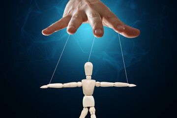 Male hand, puppeteer controls the puppet puppet with strings. The concept of shadow government,...