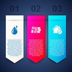 Set Clean water drop, Office folders and House service. Business infographic template. Vector