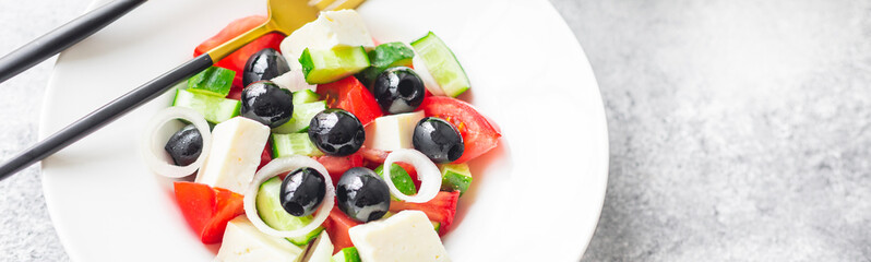 fresh greek salad vegetable, olives, tomato, cucumber, olive oil traditional recipe organic dish on the table healthy food meal snack copy space food background rustic. top view keto or paleo diet